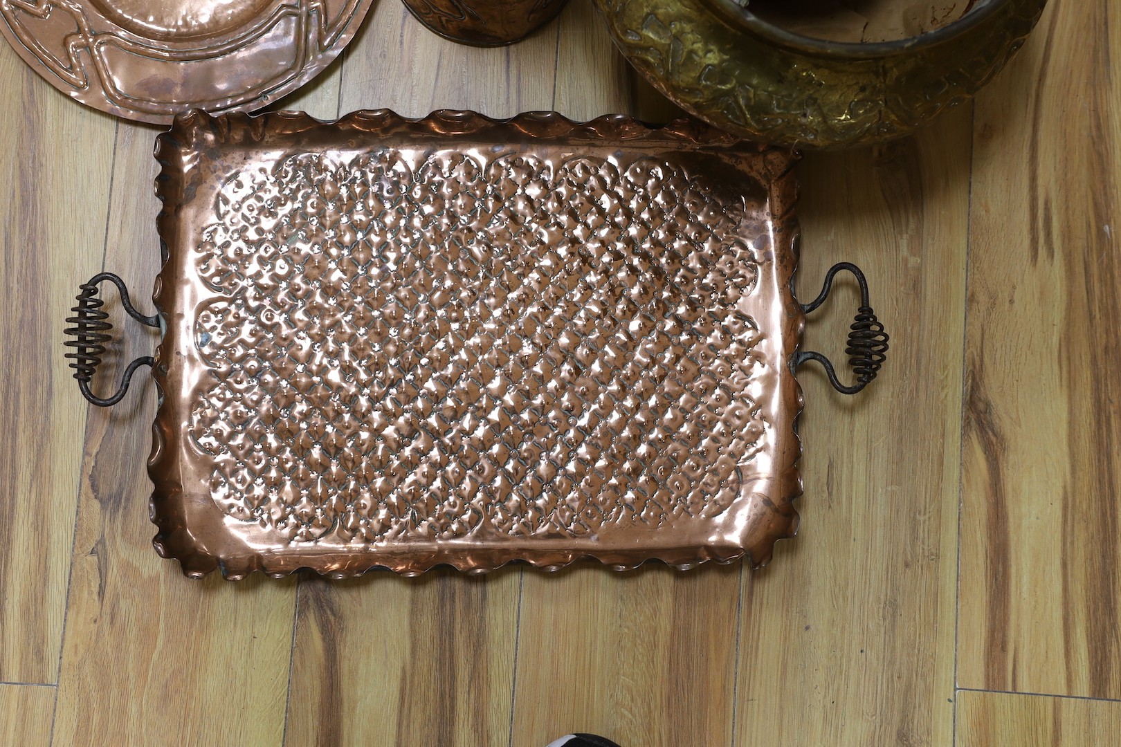 Metalware including embossed copper tray and jug, brass jardiniere, two mortars and pestle (7)
